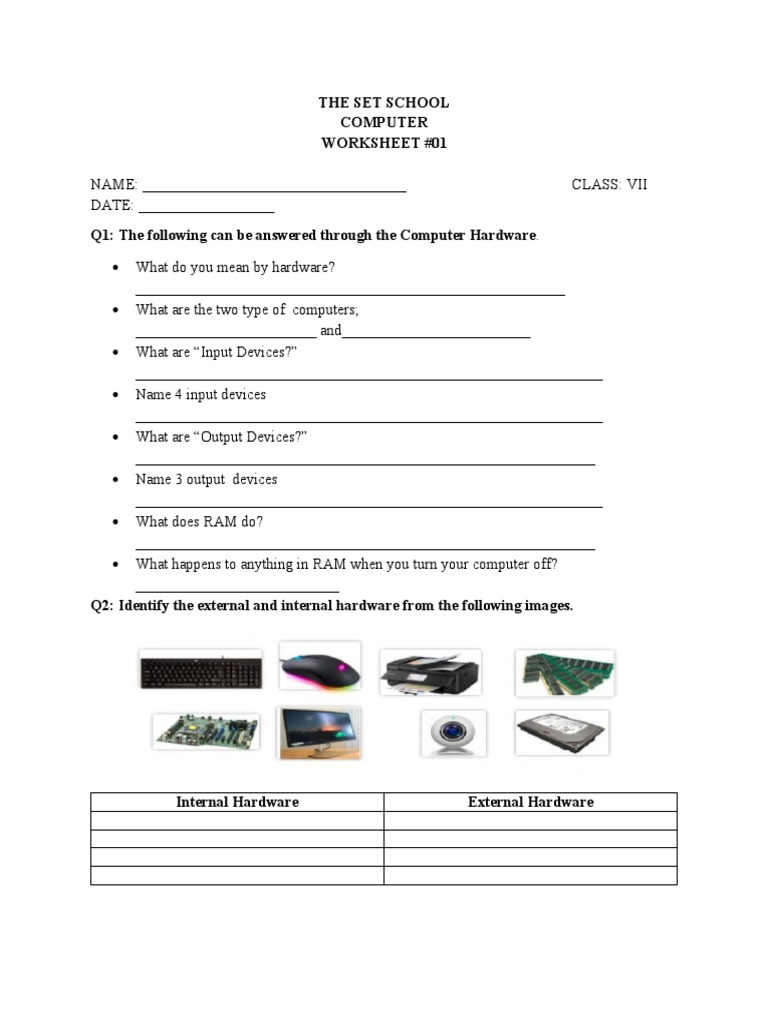 Grade 7 Computer Hardware Worksheet | PDF