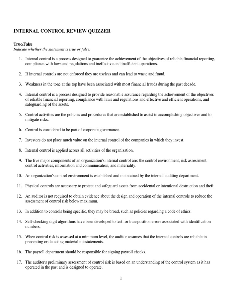 Internal Control Review Quiz | PDF | Internal Control | Audit