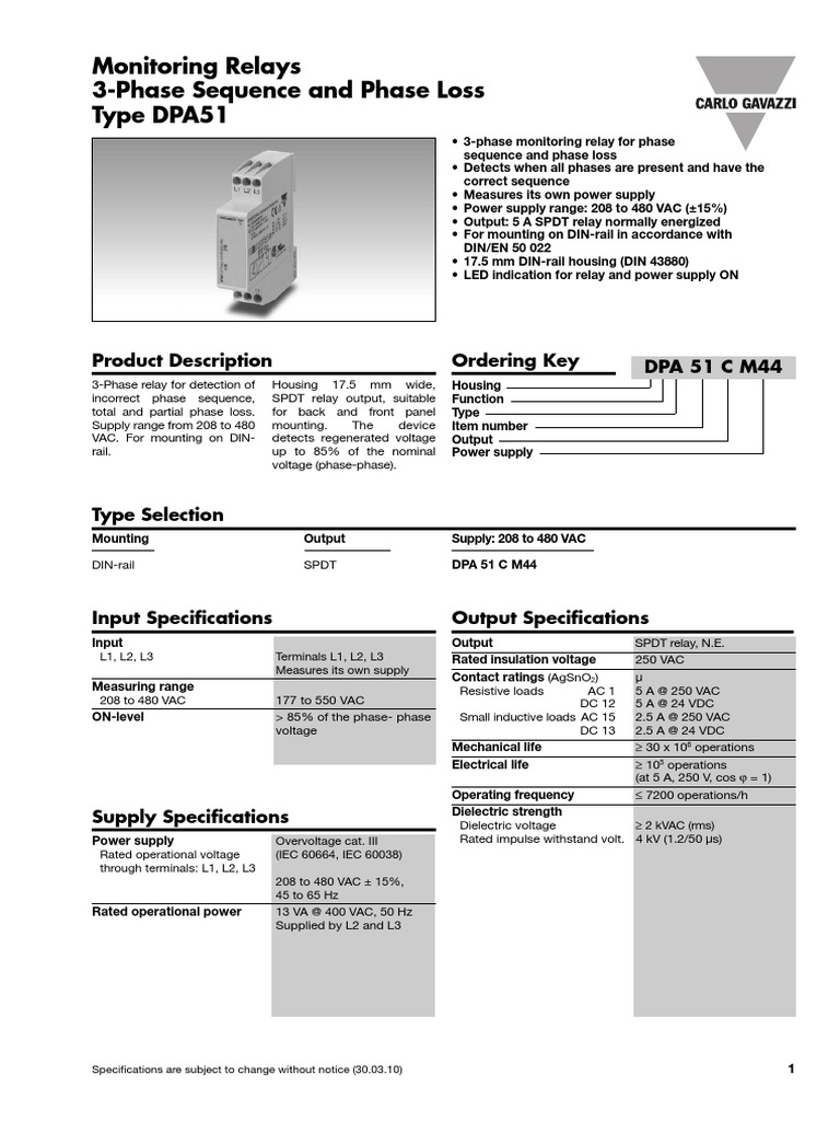 DPA51 3Phase Relay Monitors Sequence & Phase Loss PDF Relay