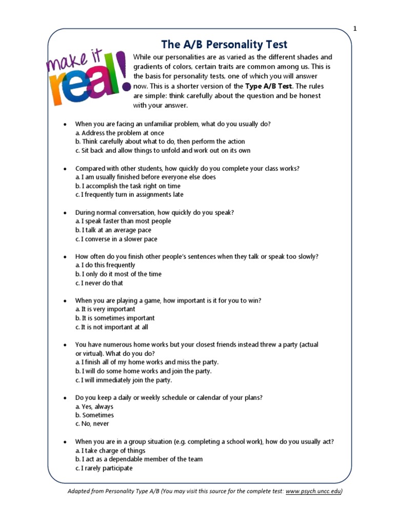 The A/B Personality Test | PDF | Social Psychology | Neuropsychological ...