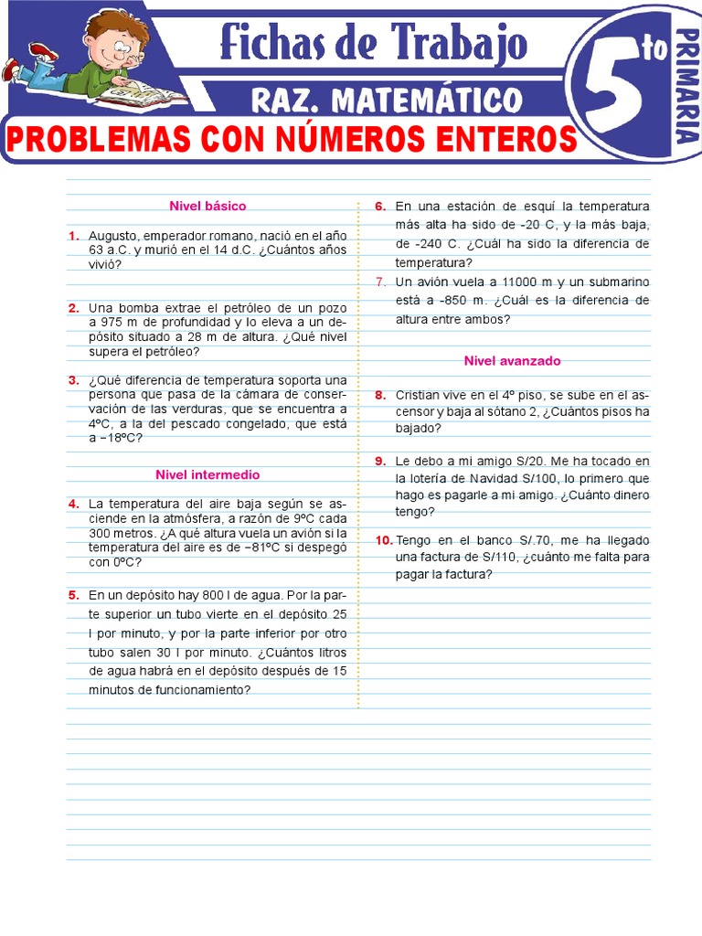 Hoja De Trabajo Con Problemas De Palabras Sobre Números Enteros