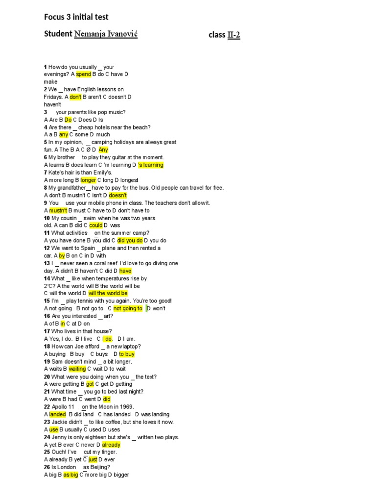 Focus 3 Initial Test Student Nemanja Ivanovi Class II-2 | PDF | Mystery ...