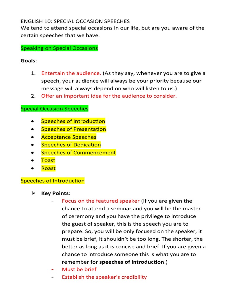 Types of Special Occasion Speeches | PDF | Cognition | Communication
