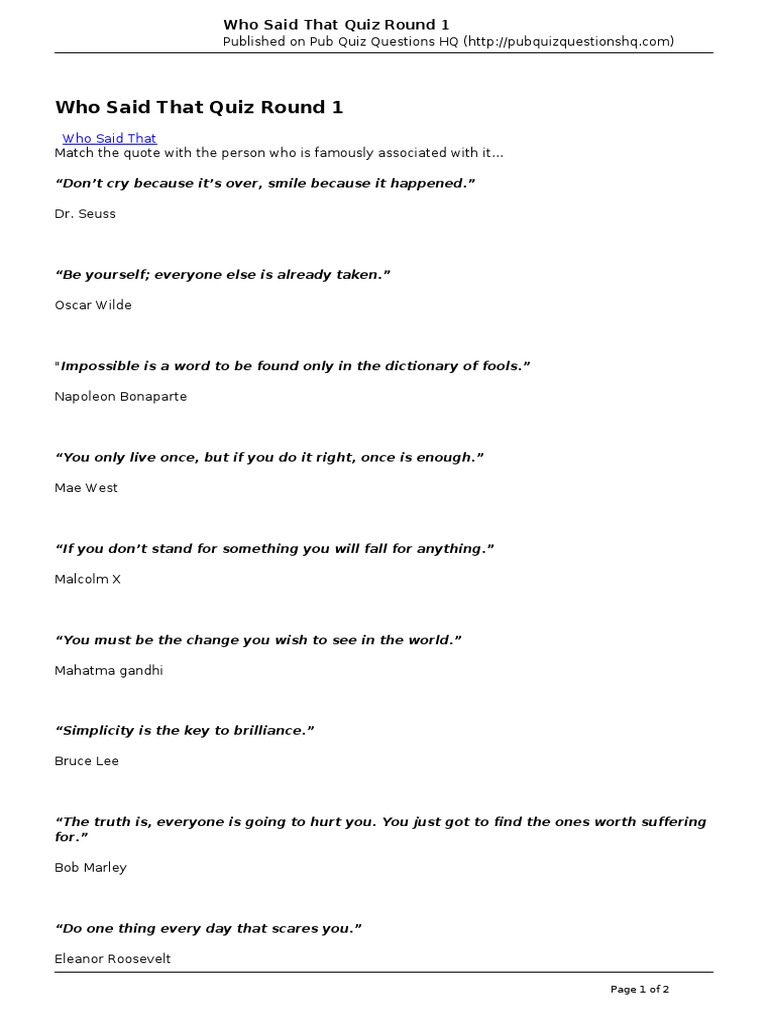 Pub Quiz Questions HQ Who Said That Quiz Round 1 PDF