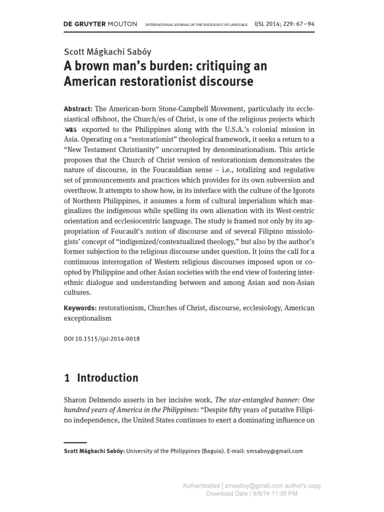 A Brown Man's Burden. Critiquing An American Restorationist Discourse
