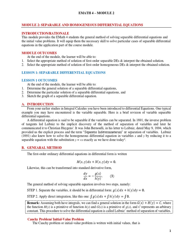Separable and Homogeneous DEs Module | PDF | Ordinary Differential ...