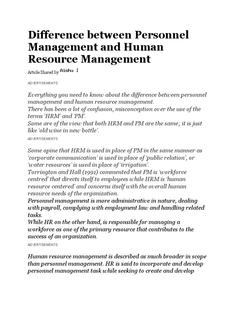 Difference Between Personnel Management and Human Resource Management