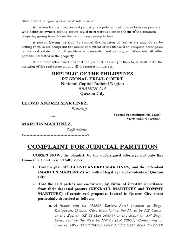 Complaint For Judicial Partition | PDF | Real Property | Public Law