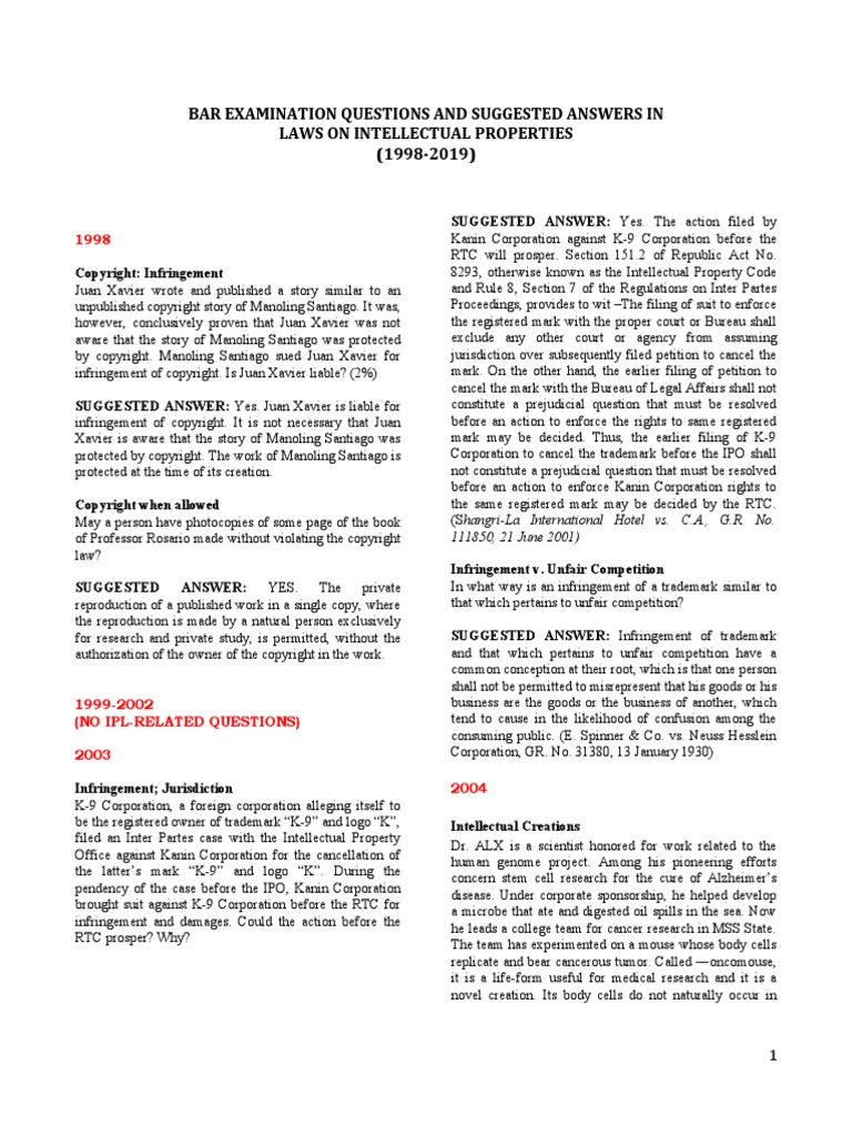 Bar Examination Questions and Suggested Answers in Laws On Intellectual