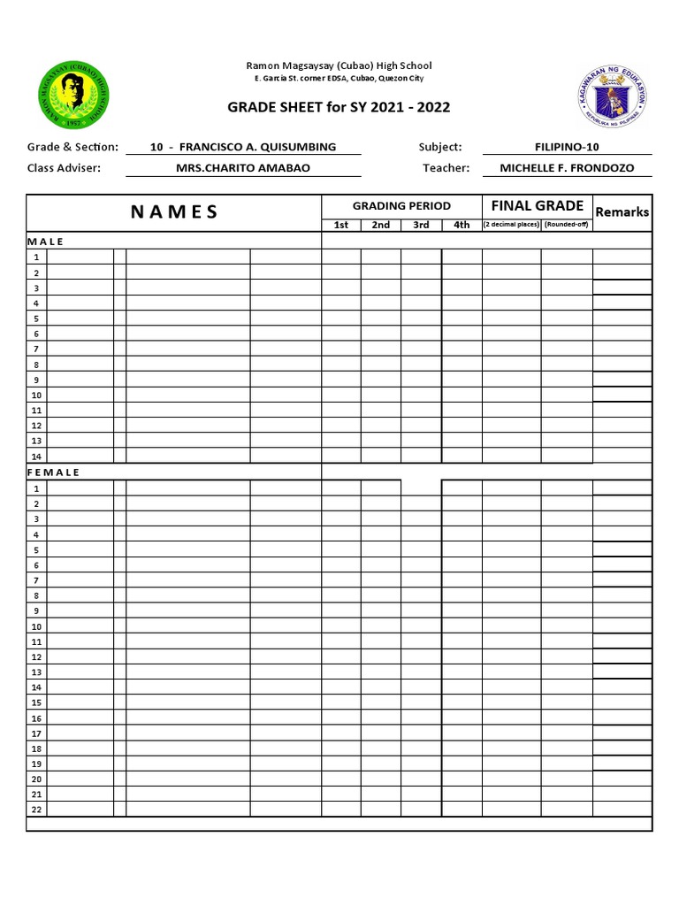 Names: GRADE SHEET For SY 2021 - 2022 | PDF