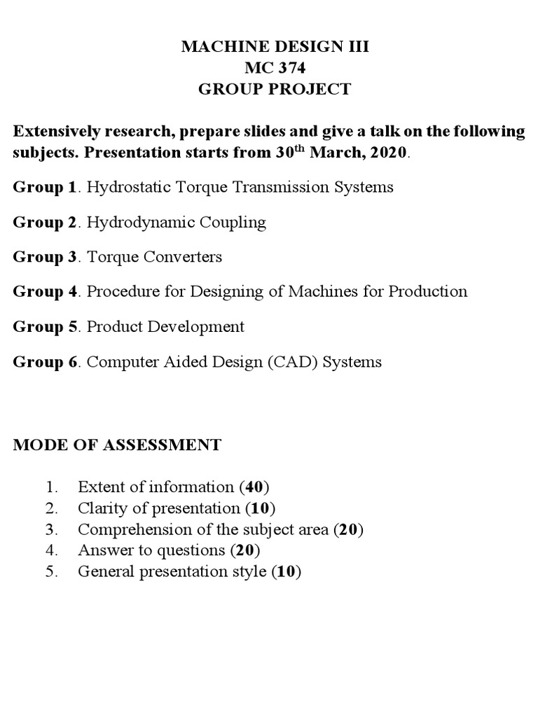 Machine Design III Group Project Topics | PDF