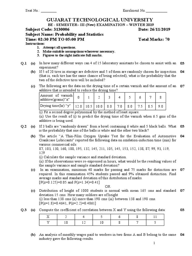 PS Gtu Paper PDF Variance Standard Deviation