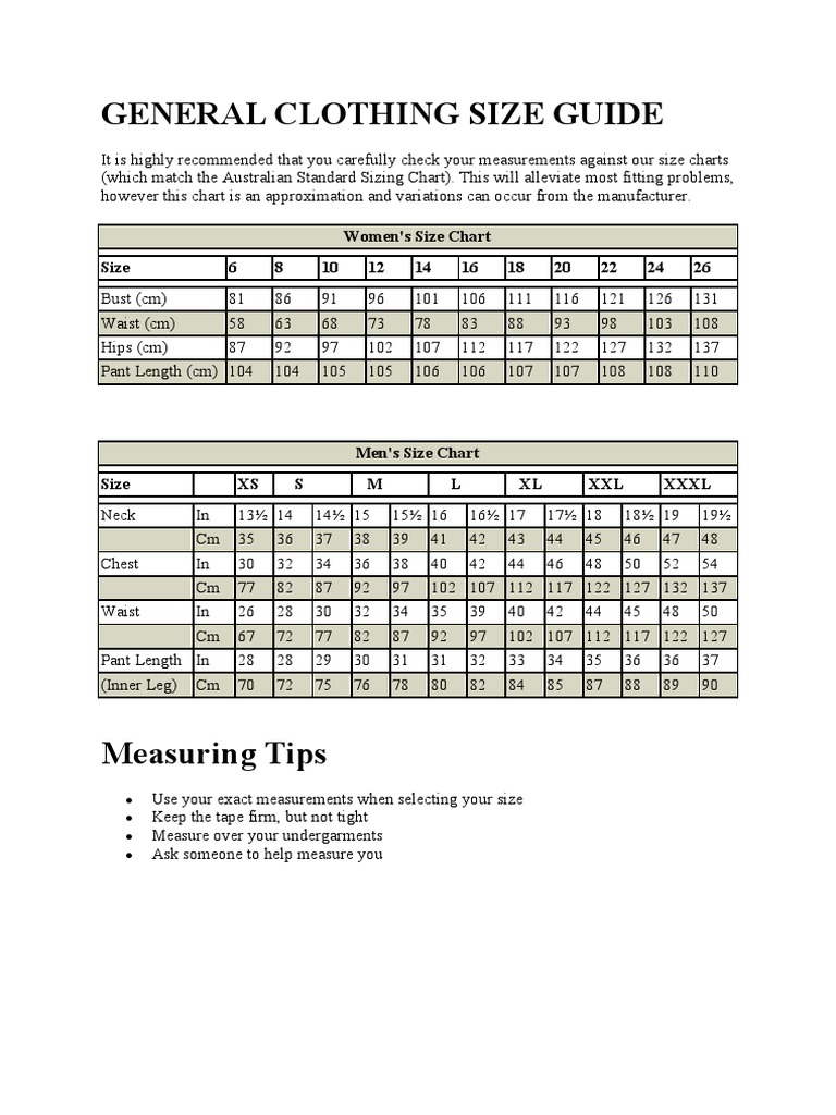 Comprehensive Clothing Size Guide | PDF | Trousers | Dress Codes