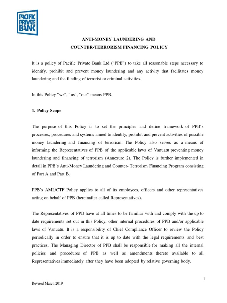AntiMoney Laundering and CounterTerrorism Financing Policy PDF