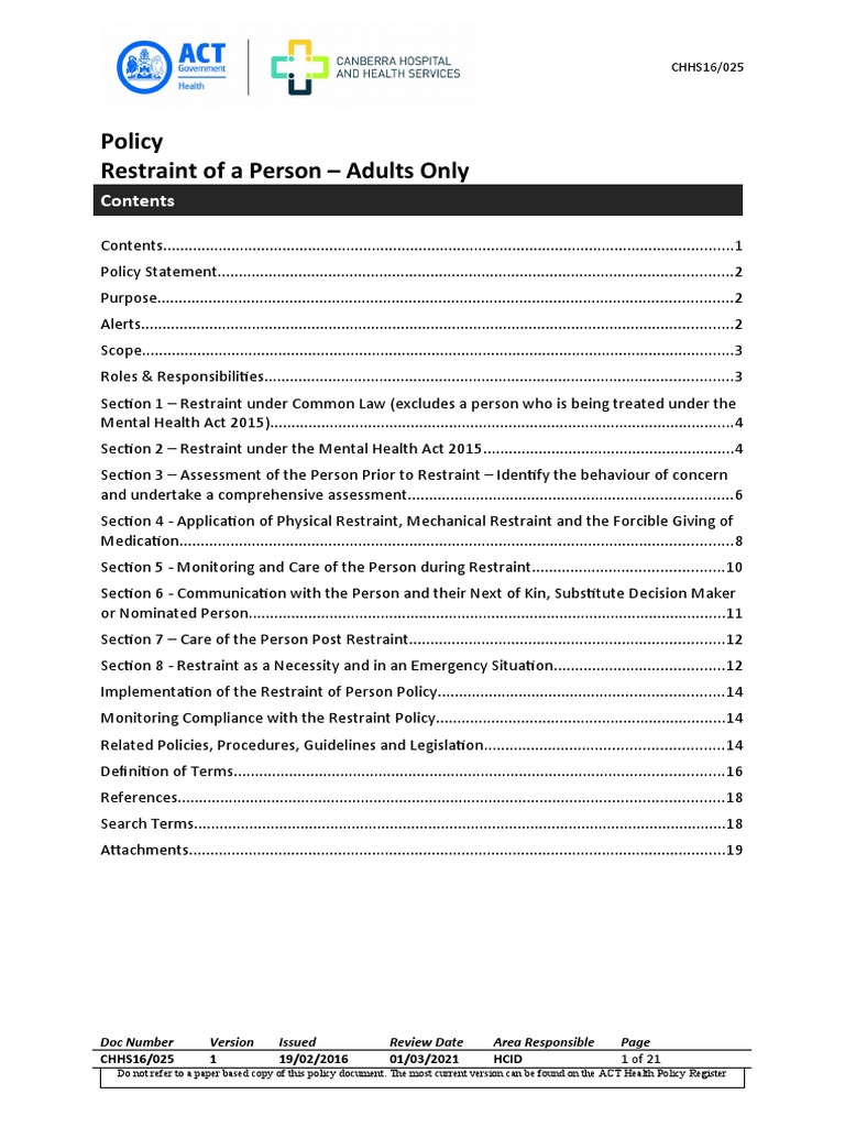 Adult Restraint Policy Guidelines | PDF | Psychiatry | Mental Disorder