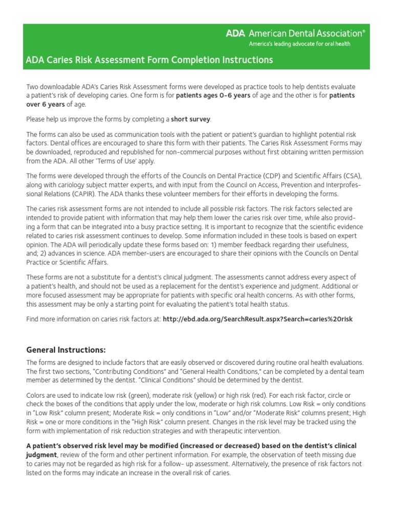ADA Caries Risk Assessment Form Completion Instructions: Over 6 Years ...