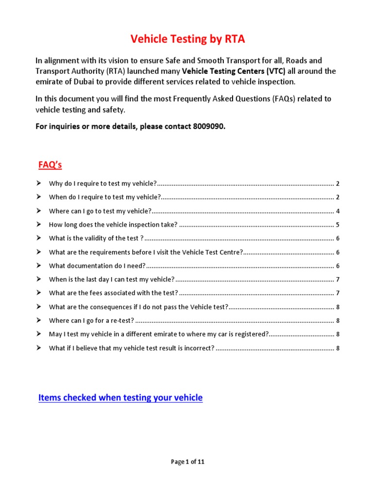 Vehicle Testing by RTA: FAQ's | PDF | Steering | Vehicles