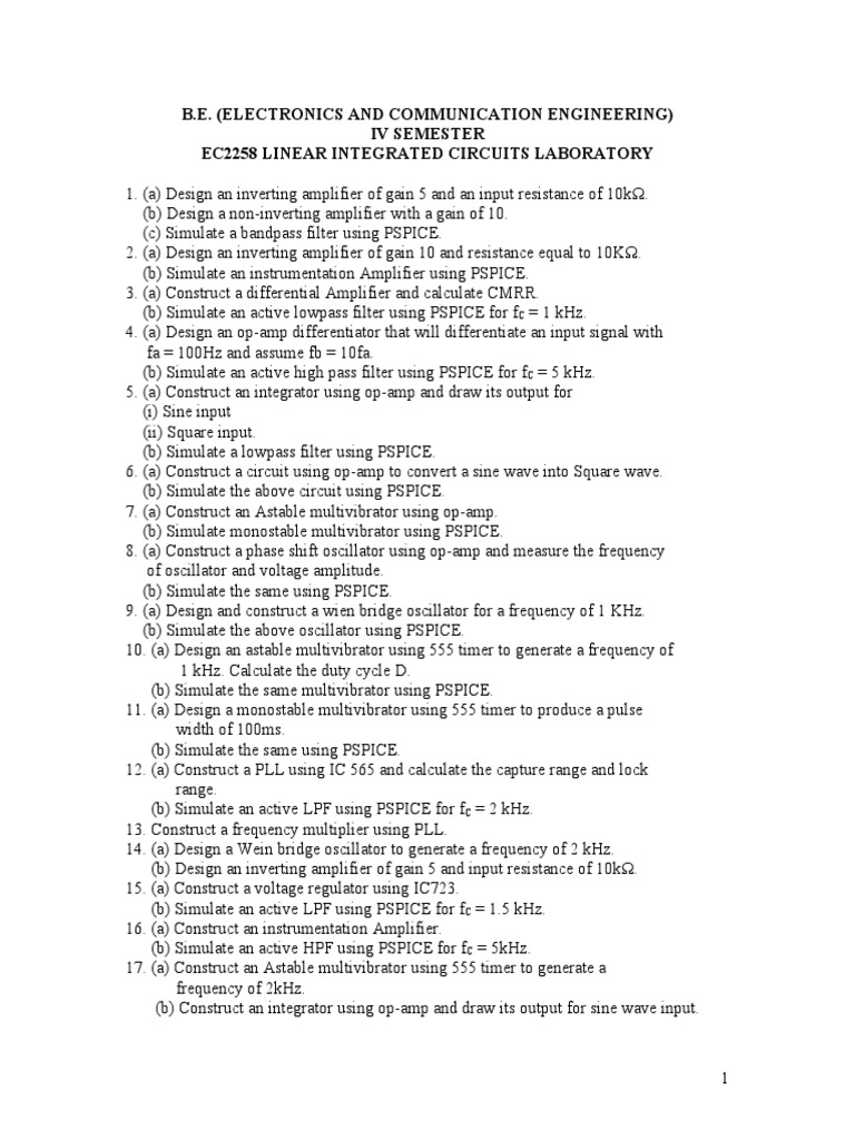 Linear Integrated Circuits Laboratory | PDF | Operational Amplifier ...