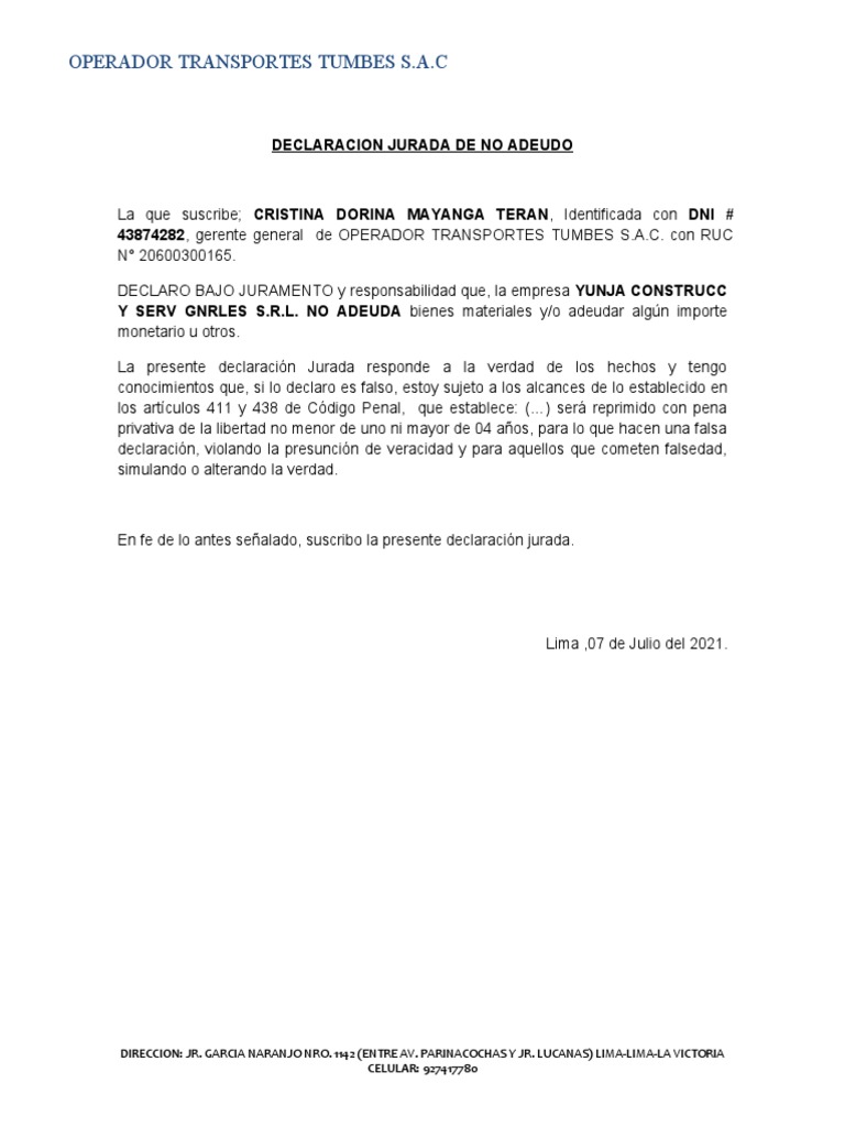 Declaracion Jurada de No Adeudo | PDF