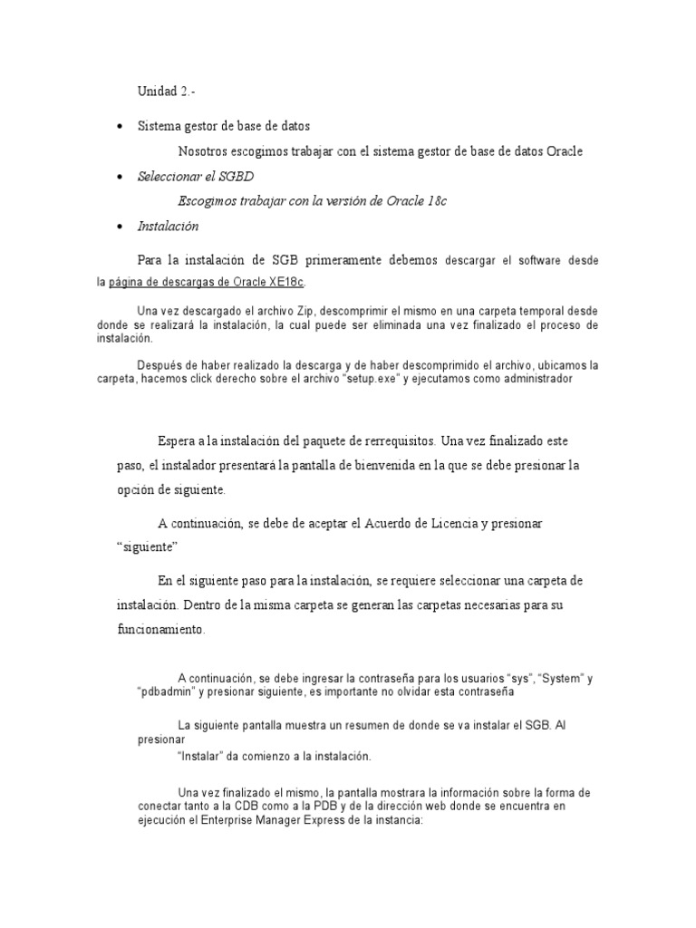 Instalación y Configuración de Oracle 18c | PDF | Bases de datos | SQL