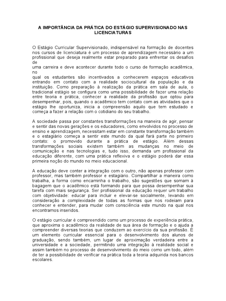 Importância do Estágio Supervisionado | PDF | Aprendizado | Estágio