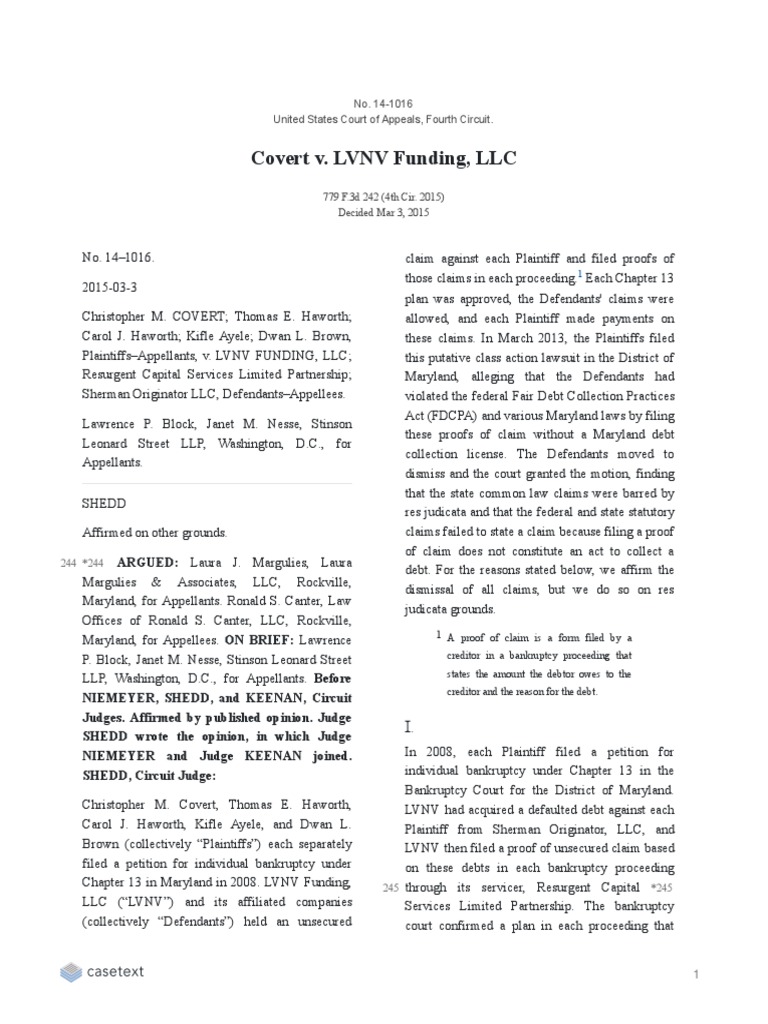 Covert v. LVNV Funding, LLC | PDF | Lawsuit | Res Judicata