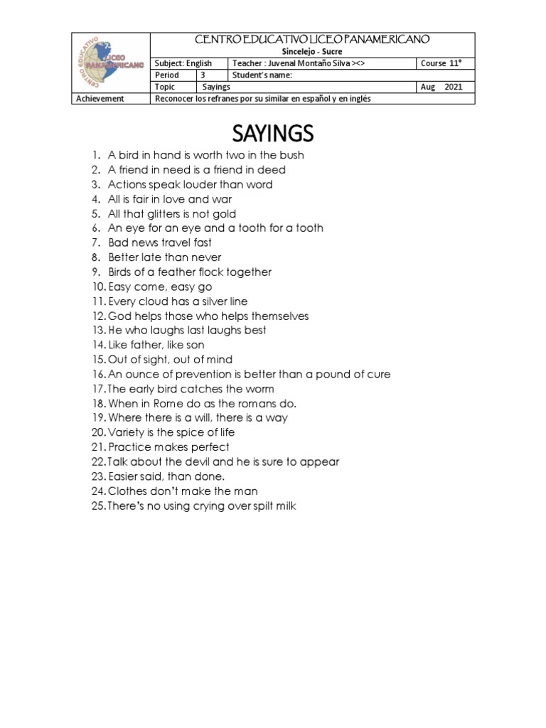 English Sayings and Their Meanings | PDF | Language Arts & Discipline ...