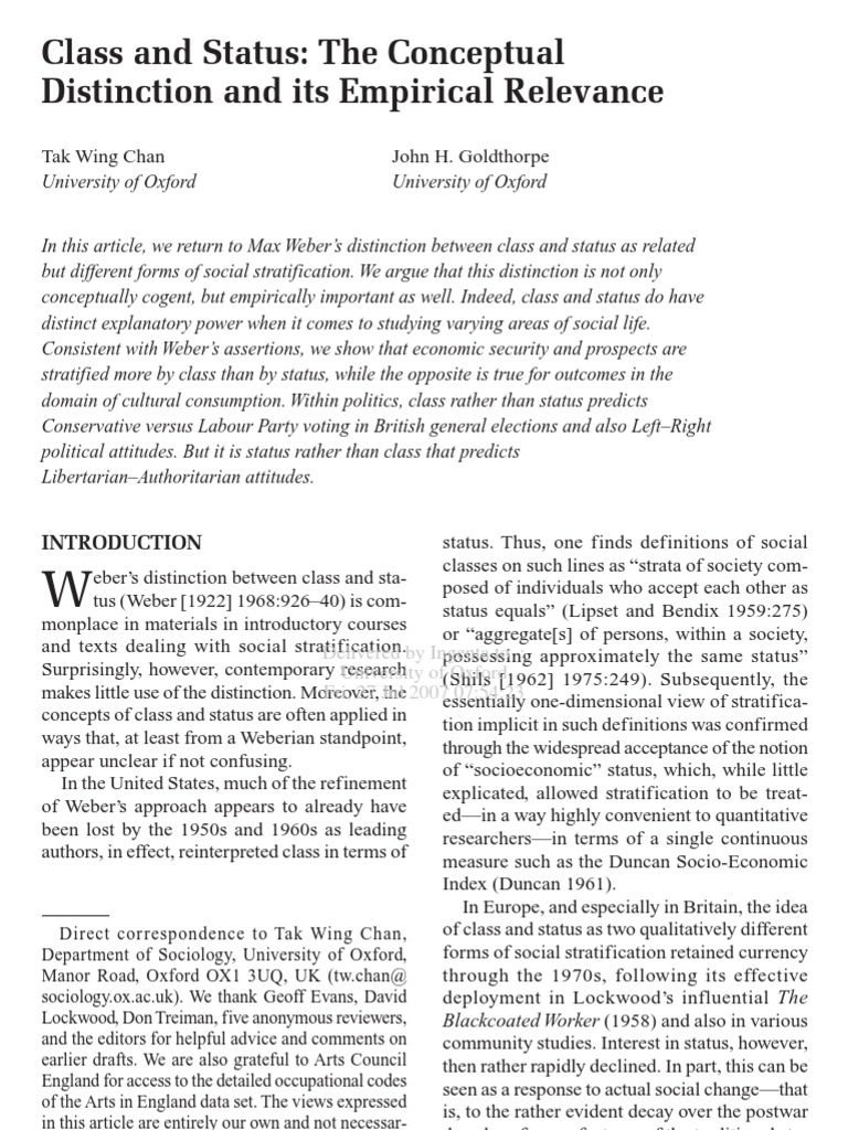 Class and StatusChan Goldthorpe PDF Social Stratification Max er