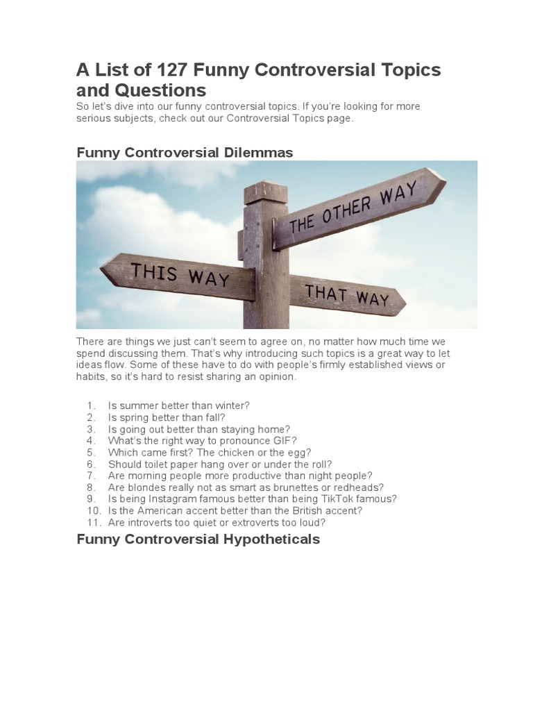 A List of 127 Funny Controversial Topics and Questions PDF