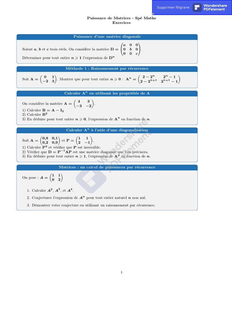 Puissances de Matrices Exercices et Méthodes PDF Matrice — free download
