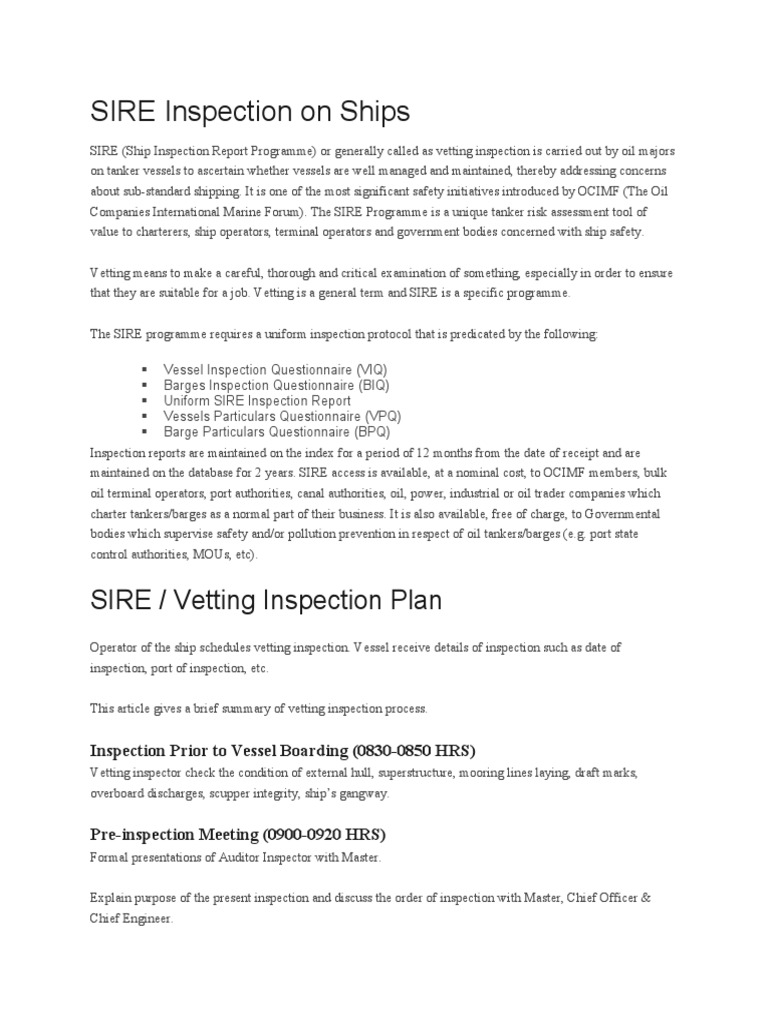 SIRE Inspection Process for Tankers | PDF | Oil Tanker | Ships