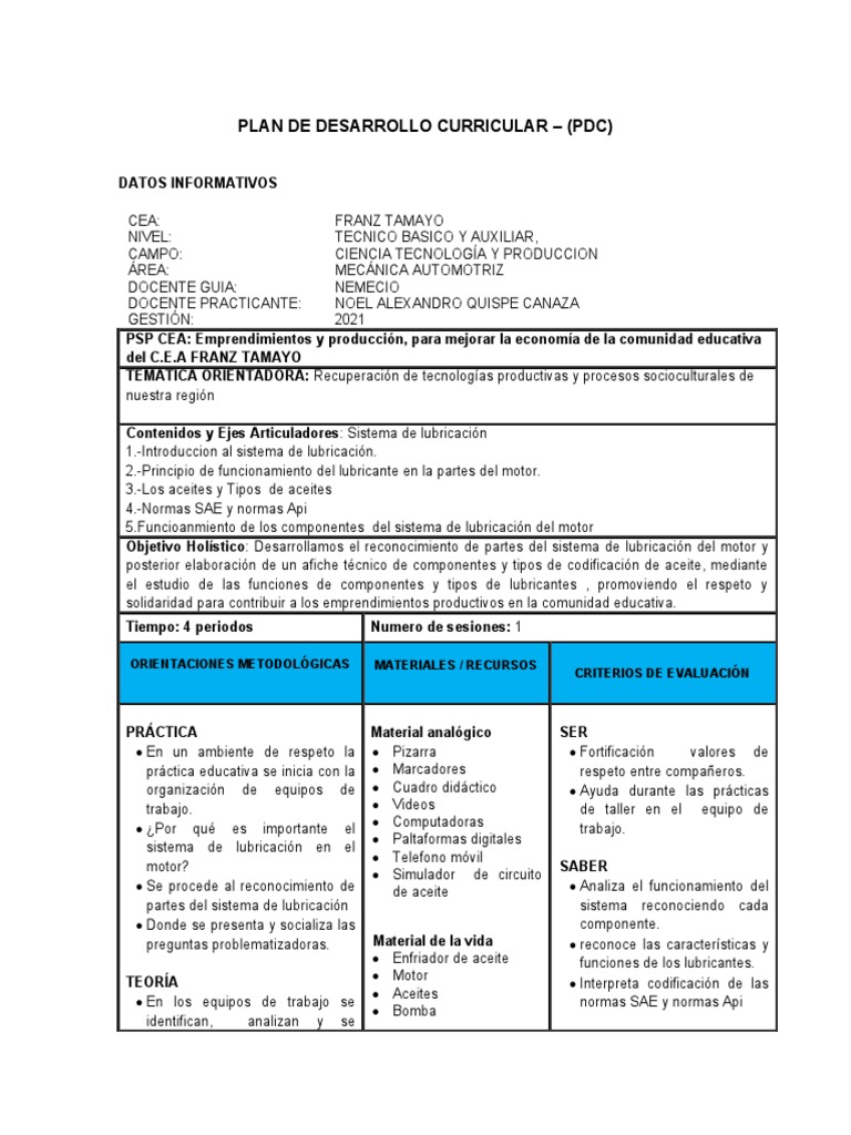 Plan de Desarrollo Curricular 2021 | PDF | Evaluación | Lubricante