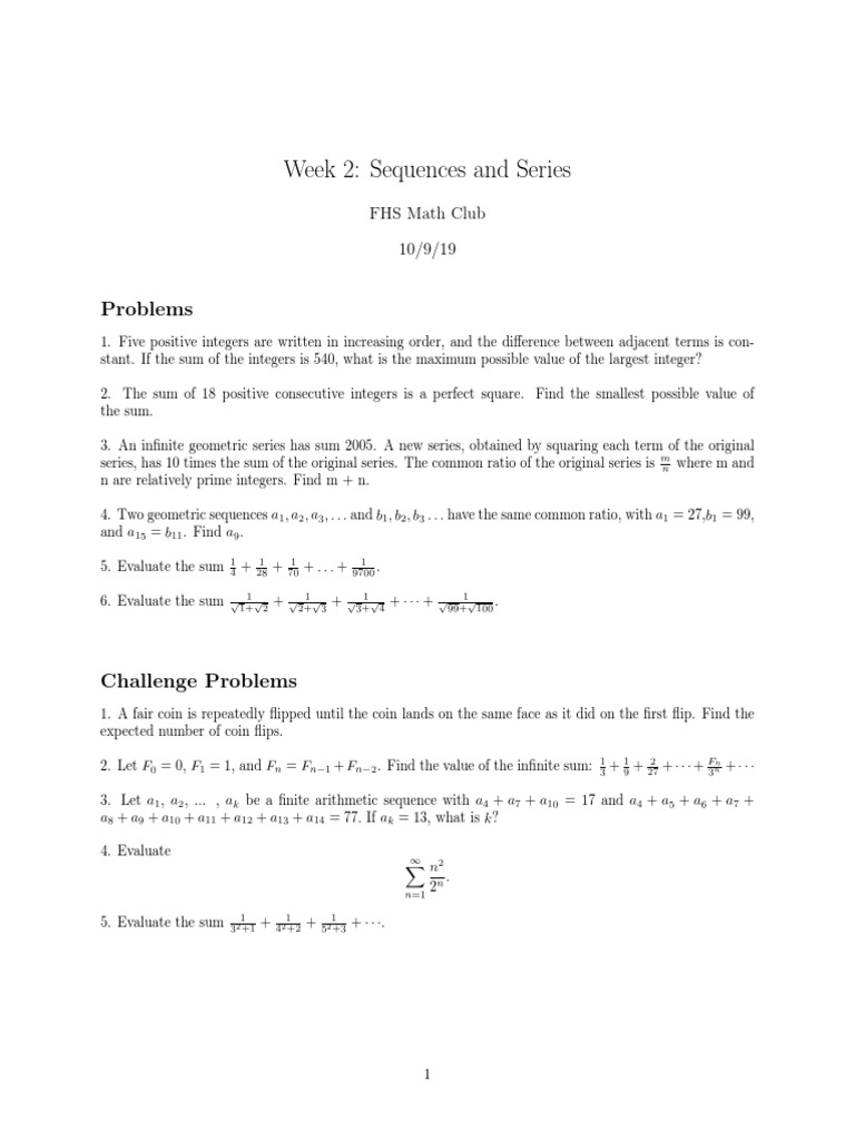 Week 2: Sequences and Series: Problems | PDF | Discrete Mathematics ...