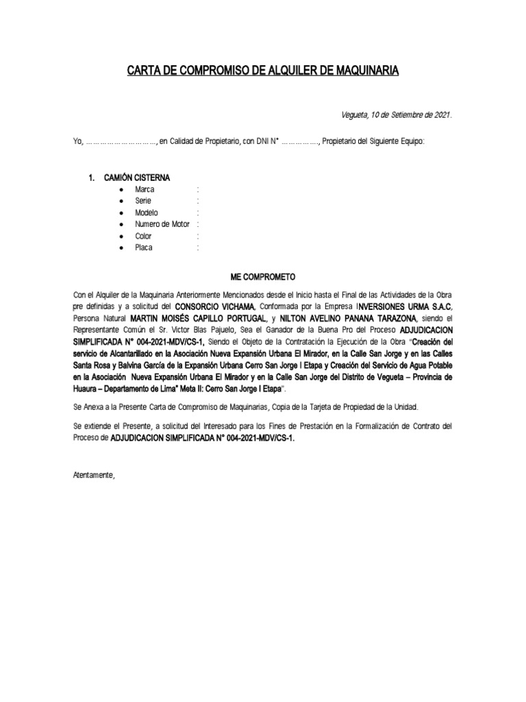 Carta de Compromiso de Alquiler Modelo PDF