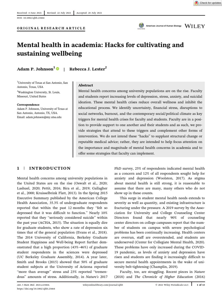 Johnson and Lester 2021 Mental Health in Academia Hacks For