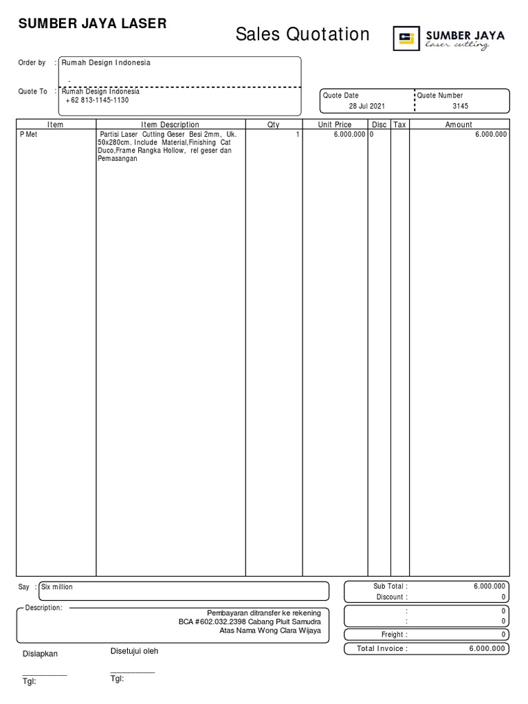 Sumber Jaya Laser Cutting Quotation | PDF