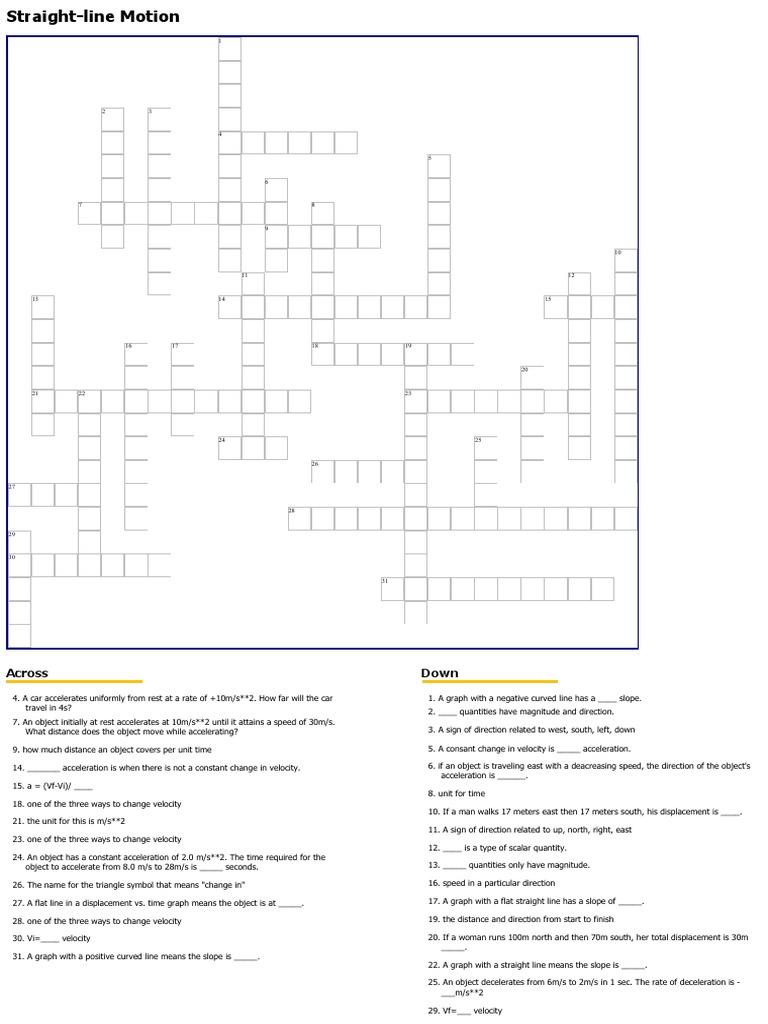 StraightLine Motion Crossword Puzzle PDF Velocity Acceleration