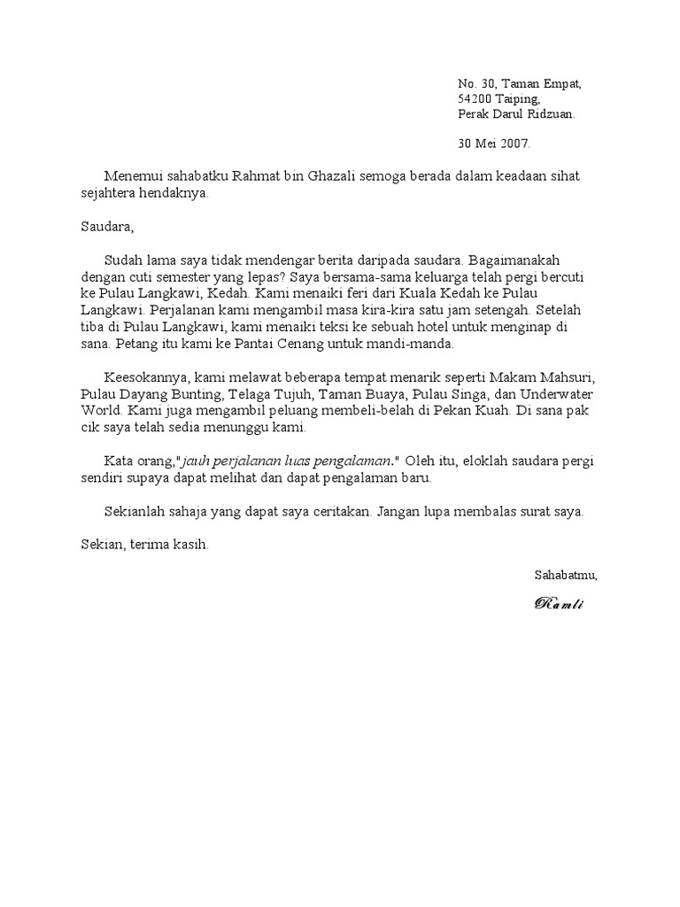 Contoh Surat Kiriman Tidak Rasmi Surat Ke Pulau Langkawi Kedah Pdf