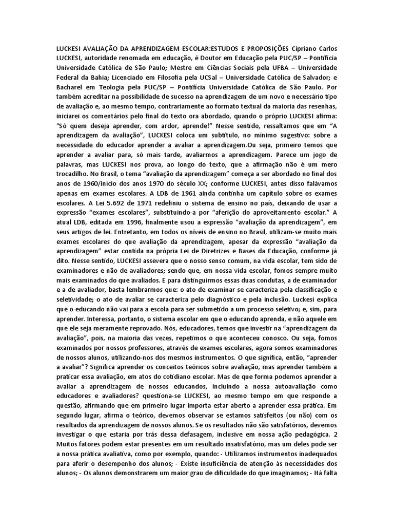 Luckesi Avaliação Da Aprendizagem Escolar | PDF | Aprendizado ...