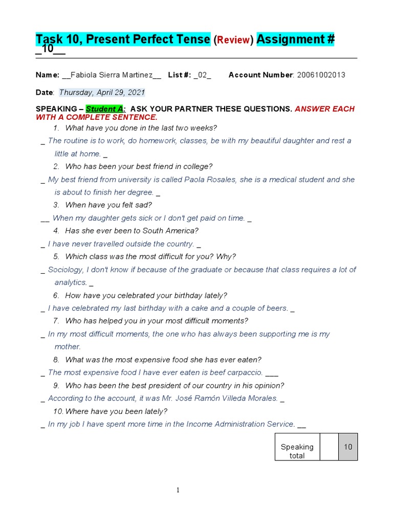 Assignment 10 Task 10 Present Perfect Tense. | PDF | Self-Improvement ...