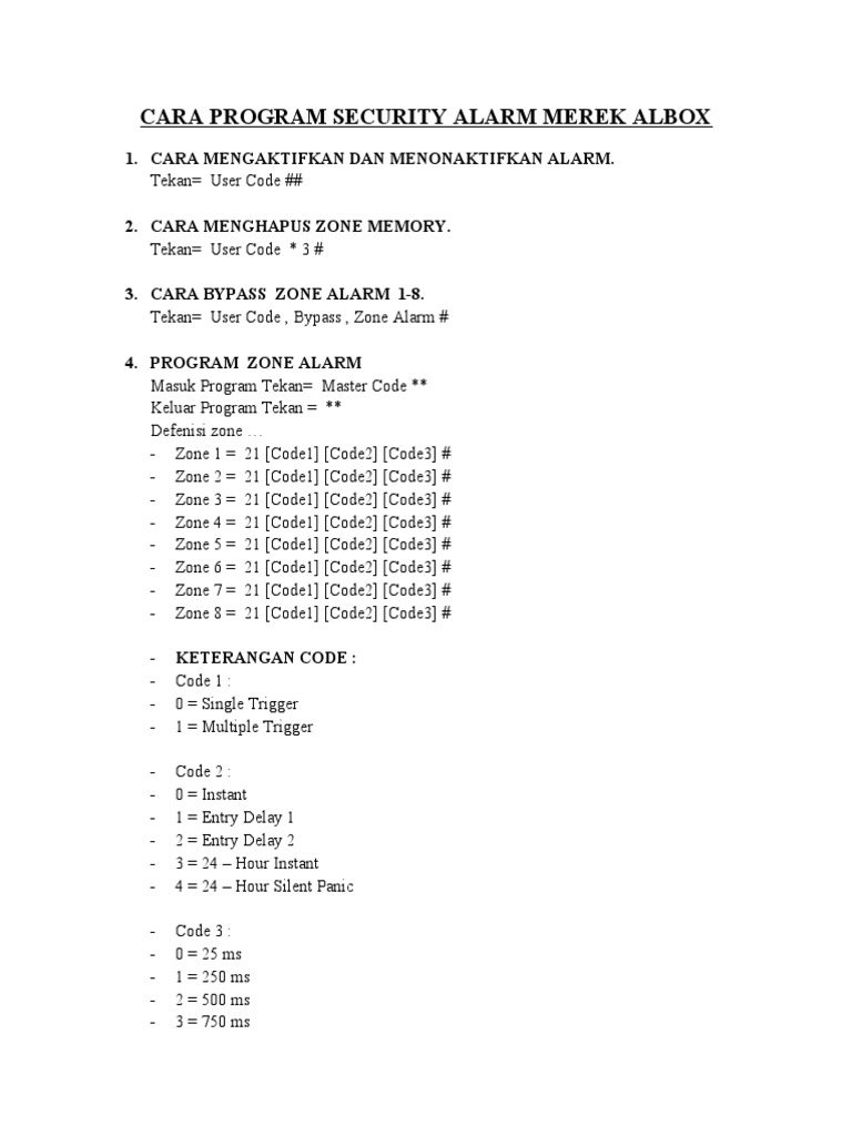 Instructions for Configuring Security Alarm Zones, Codes, and Contact