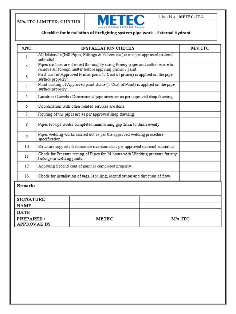 Firefighting System Pipe Installation Checklist | PDF | Pipe (Fluid ...