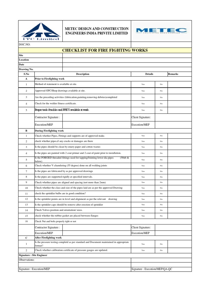 Checklist For Fire Fighting Works: Metec Design and Construction ...