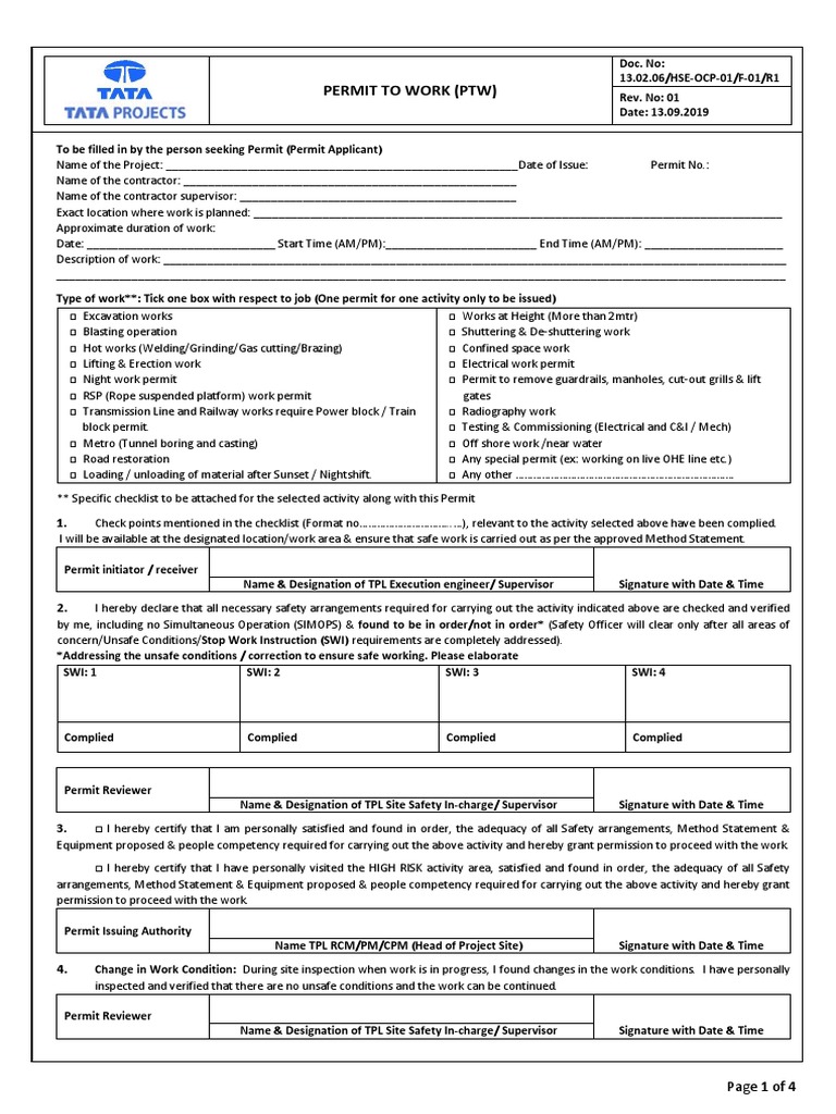 HSE Permit to Work Template OCP-01 | PDF | Occupational Safety And ...