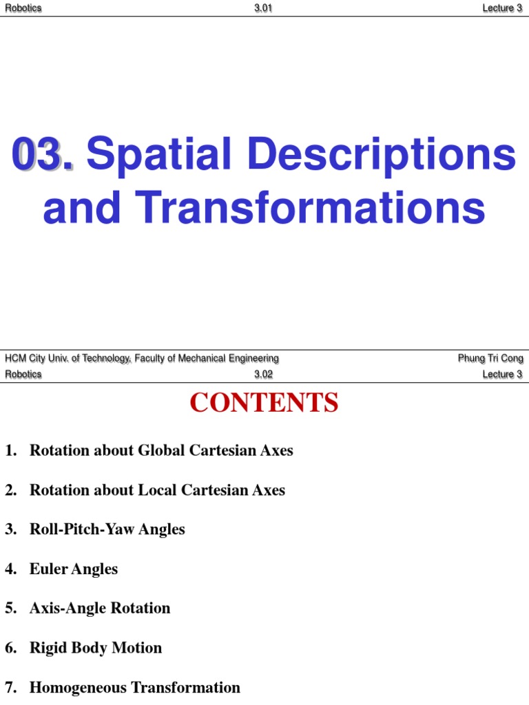 Rigid Body Spatial Transformations | PDF | Rotation | Cartesian ...