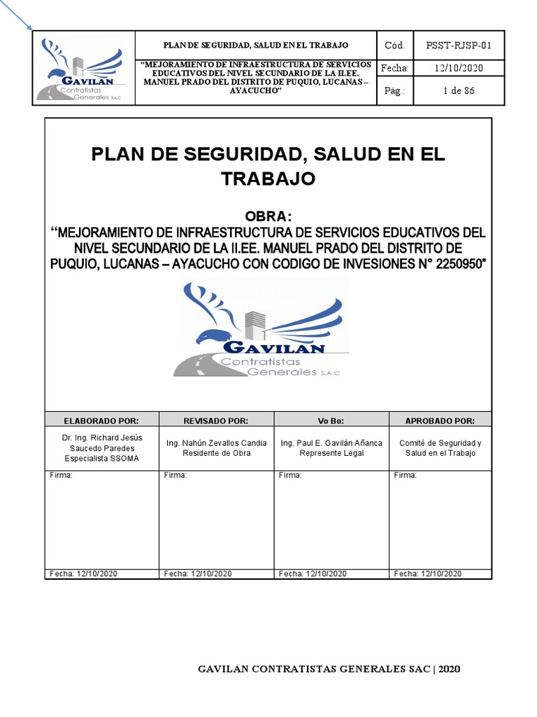 Plan de Seguridad y Salud en el Trabajo | PDF | Seguridad y salud ...