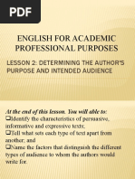 English For Academic Professional Purposes: Lesson 2: Determining The Author'S Purpose and Intended Audience