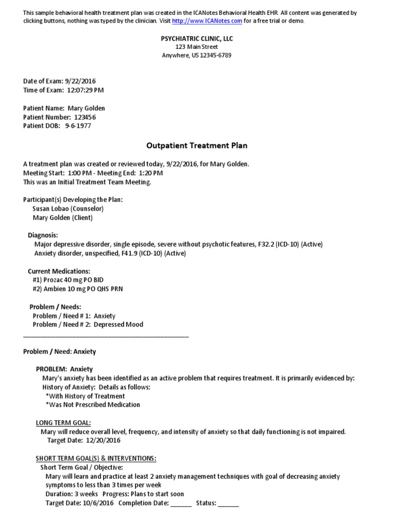 Sample Treatment Plan With Goals For Anxiety and Depression PDF Major Depressive Disorder