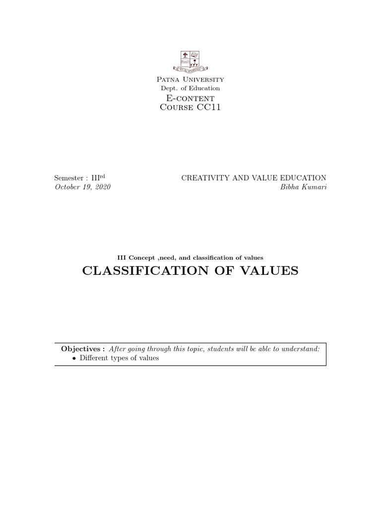 Classification of Values: E-Content Course CC11 | PDF | Value (Ethics ...
