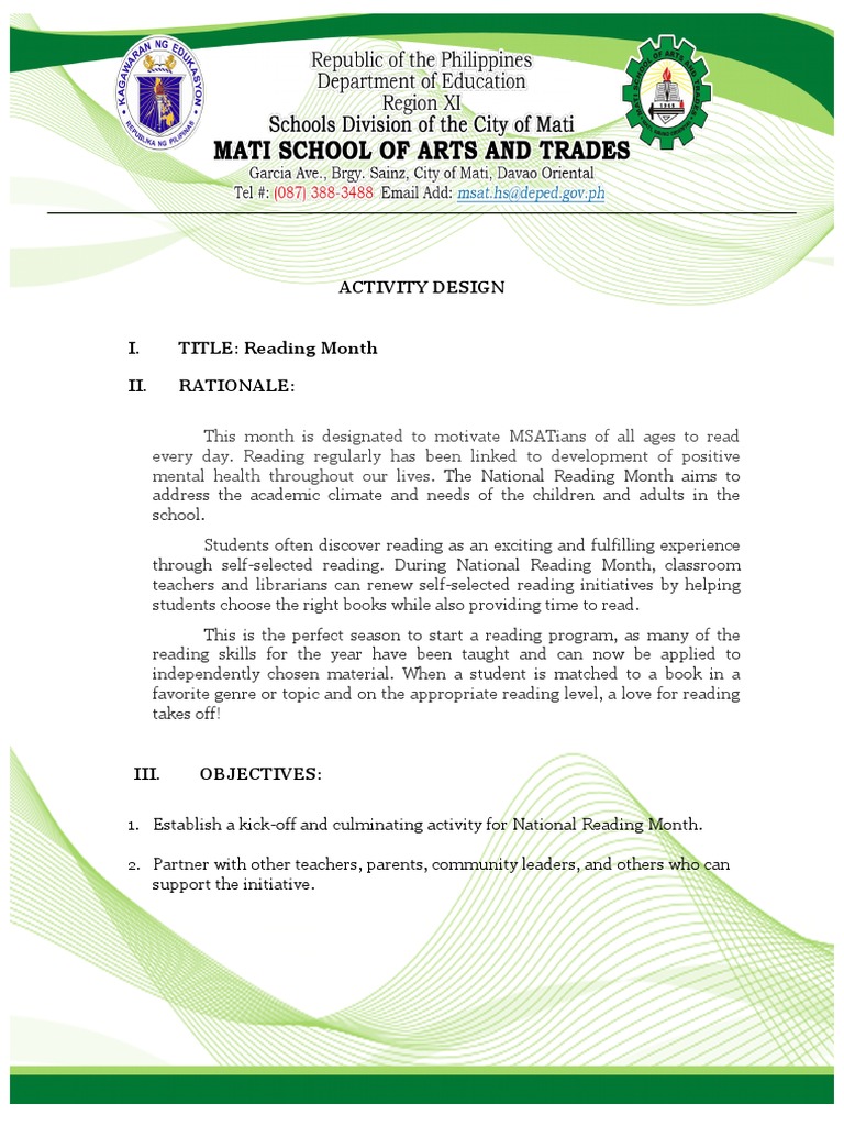 Activity Design Reading Month Pdf Teachers Communication